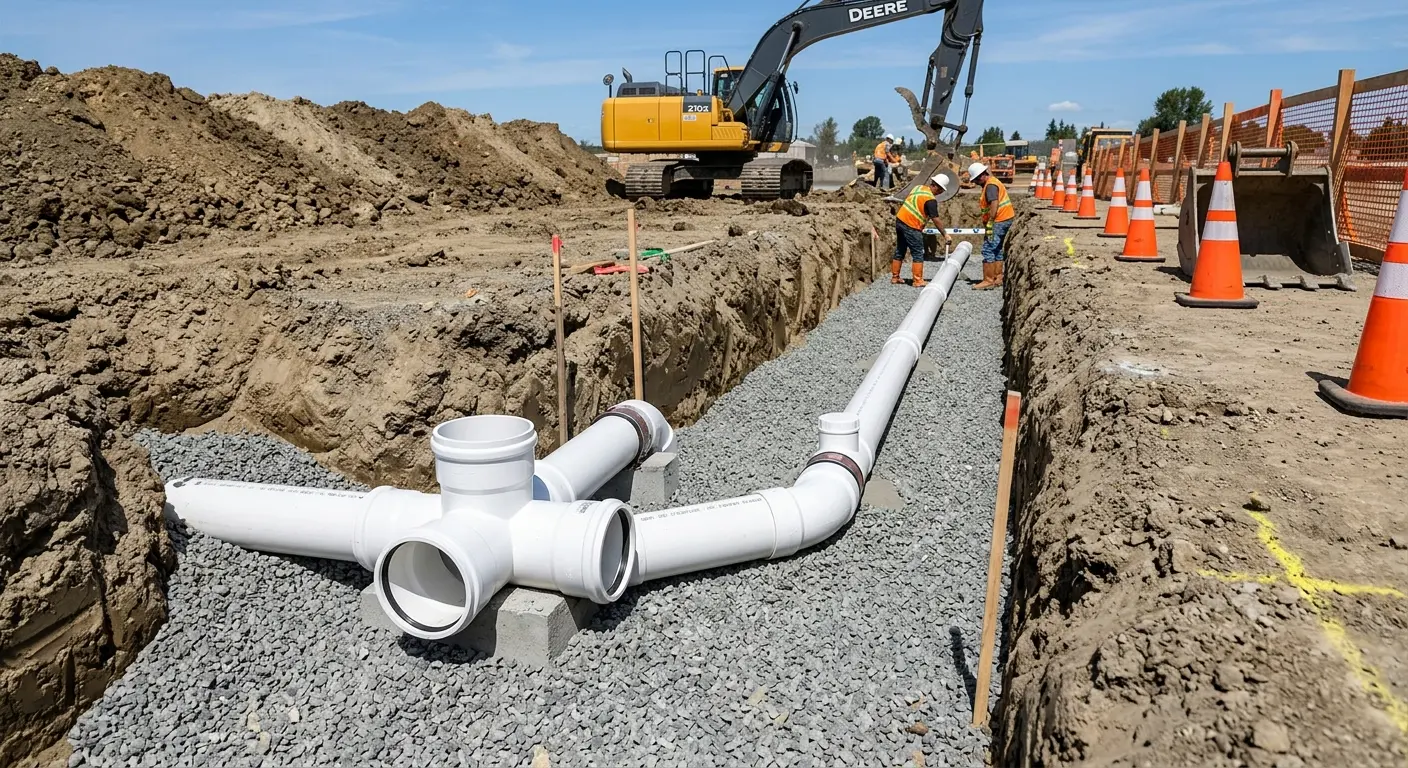 New PVC sewer pipe installation in open trench for Sewer Backup in Berlin